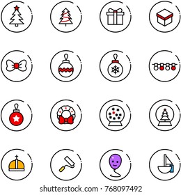line vector icon set - christmas tree vector, gift, bow, ball, garland, wreath, snowball, crown, paint roller, balloon smile, sailboat toy