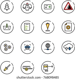 line vector icon set - christmas tree vector, angel, tap pay, landslide road sign, basket, document, pennant, certificate, flower, fingerprint scanner, globe, cloud exchange data, clinch, trailer