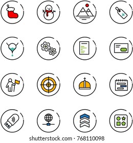 line vector icon set - christmas sock vector, snowman, mountains, medical label, bladder, gears, document, envelope, win, target, crown, terms plan, usb wi fi, globe, chevron, cube hole toy