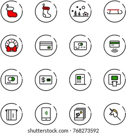 line vector icon set - christmas sock vector, landscape, sleigh, wreath, credit card, tap pay, atm, mobile payment, photo, toy unicorn stick