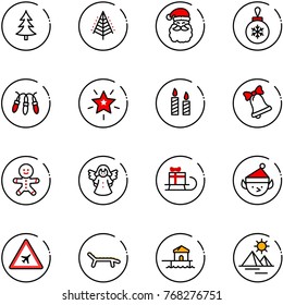 line vector icon set - christmas tree vector, santa claus, ball, garland, star, candle, bell, cake man, angel, sleigh gift, elf, airport road sign, lounger, bungalow, pyramid