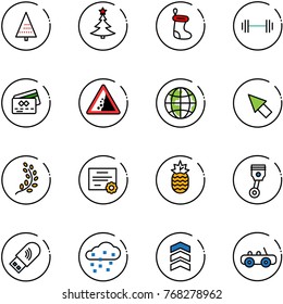 line vector icon set - christmas tree vector, sock, barbell, credit card, landslide road sign, globe, cursor, golden branch, certificate, pineapple, piston, usb wi fi, snow, chevron, toy car