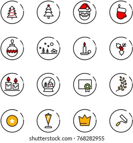 line vector icon set - christmas tree vector, santa claus, glove, ball, landscape, candle, holly, snowball house, certificate, golden branch, star medal, pennant, crown, paint roller