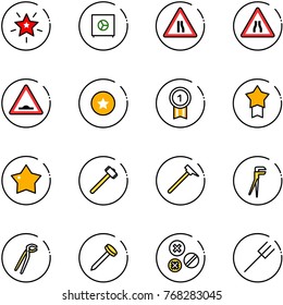 line vector icon set - christmas star vector, safe, Road narrows sign, artificial unevenness, medal, gold, sledgehammer, mason hammer, plumber, nail, rivet, farm fork
