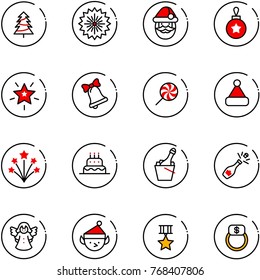 line vector icon set - christmas tree vector, firework, santa claus, ball, star, bell, lollipop, hat, cake, champagne, angel, elf, medal, finger ring