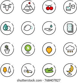 line vector icon set - christmas deer vector, mountains, rowanberry, tonometer, blood test, lemon, drop hand, breads, flower pot, money tree, strawberry, rain cloud, forest, lawn mower, crocodile