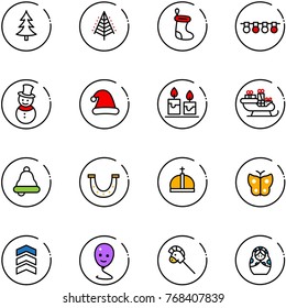 line vector icon set - christmas tree vector, sock, garland, snowman, hat, candle, santa sleigh, bell, luck, crown, butterfly, chevron, balloon smile, horse stick toy, russian doll