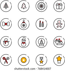 line vector icon set - christmas tree vector, firework, gift, bow, ball, candle, cake man, snowman, snowball, santa sleigh, stick, star medal