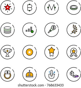 line vector icon set - christmas star vector, bitcoin, monero, coin, money torch, golden branch, gold cup, medal, finger ring, crown, casting of steel, constructor blocks