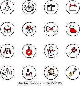 line vector icon set - christmas tree vector, firework, gift, bow, sock, garland, ball, snowman, lollipop, angel, wine, gold medal, fizz opening