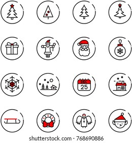 line vector icon set - christmas tree vector, gift, santa claus, ball, snowflake, landscape, 25 dec calendar, house, sleigh, wreath, angel, elf