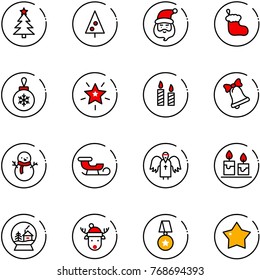 line vector icon set - christmas tree vector, santa claus, sock, ball, star, candle, bell, snowman, sleigh, angel, snowball house, deer hat, medal