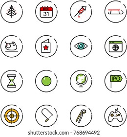 line vector icon set - christmas tree vector, 31 dec calendar, firework rocket, sleigh, turkey, star postcard, eye, browser globe, sand clock, record, ipo, target, fretsaw, plumber, joystick