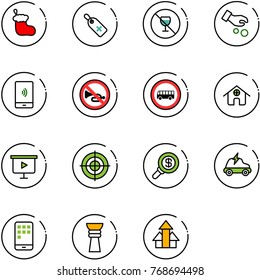 line vector icon set - christmas sock vector, medical label, no alcohol sign, investment, mobile payment, horn road, bus, home, presentation board, target, search money, electric car, award