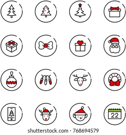 line vector icon set - christmas tree vector, gift, bow, santa claus, ball, garland, deer, wreath, mobile, hat, elf, calendar