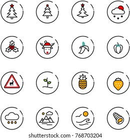 line vector icon set - christmas tree vector, snowfall, holly, deer hat, banana, sweet pepper, wild animals road sign, sproute, pineapple, strawberry, rain cloud, mountains, waves, shell