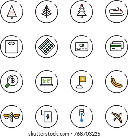 line vector icon set - christmas tree vector, snowmobile, floor scales, pills blister, credit card, money search, statistics monitor, flag, banana, dragonfly, power bank, laser, bow