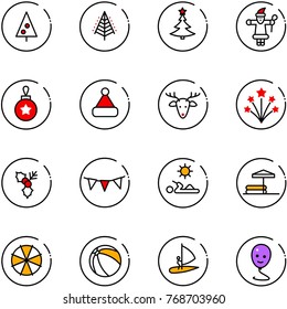 line vector icon set - christmas tree vector, santa claus, ball, hat, deer, firework, holly, flag garland, reading, inflatable pool, parasol, windsurfing, balloon smile