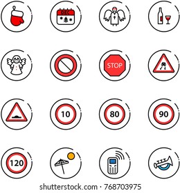 line vector icon set - christmas glove vector, calendar, angel, wine, prohibition road sign, stop, slippery, artificial unevenness, speed limit 10, 80, 90, 120, beach, mobile phone, horn toy