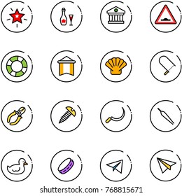 line vector icon set - christmas star vector, wine, bank, artificial unevenness road sign, lifebuoy, pennant, shell, fretsaw, side cutters, screw, sickle, forceps, duck toy, tambourine, paper plane