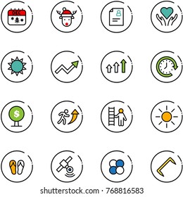 line vector icon set - christmas calendar vector, deer hat, patient card, heart care, sun, growth arrow, arrows up, clock around, money tree, career, opportunity, flip flops, satellite, atom core