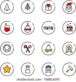 line vector icon set - christmas tree vector, gift, santa claus, glove, ball, garland, house, wreath, stick, bell, star medal, king, chevron, paint roller