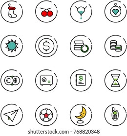 line vector icon set - christmas sock vector, rowanberry, bladder, stopwatch heart, sun, dollar coin, euro, safe, annual report, sand clock, paper plane, soccer ball, moon lamp, phone toy