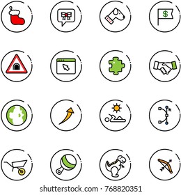 line vector icon set - christmas sock vector, bow message, dog, dollar flag, tunnel road sign, cursor browser, puzzle, agreement, globe, growth, reading, bezier, wheelbarrow, beanbag, dinosaur toy