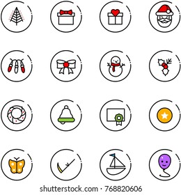 line vector icon set - christmas tree vector, gift, santa claus, garland, bow, snowman, holly, wreath, bell, certificate, star medal, butterfly, scythe, sailboat toy, balloon smile