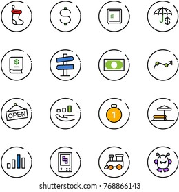 line vector icon set - christmas sock vector, dollar sign, safe, insurance, annual report, road signpost, money, chart point arrow, open, growth, gold medal, inflatable pool, game console, toy train