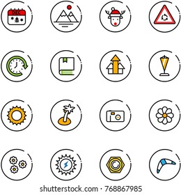 line vector icon set - christmas calendar vector, mountains, deer hat, round motion road sign, clock around, book, arrows up, pennant, sun, palm, photo, flower, power, nut, boomerang