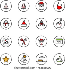 line vector icon set - christmas tree vector, santa claus, glove, snowman, hat, holly, champagne, snowball, stick, deer, calendar, starfish, pyramid, inflatable pool, toy boat