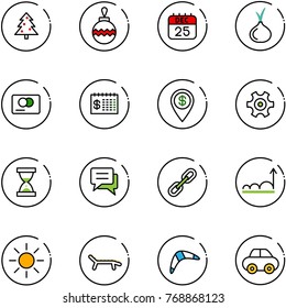 line vector icon set - christmas tree vector, ball, 25 dec calendar, onion, credit card, finance, dollar pin, gear, sand clock, chat, link, growth, sun, lounger, boomerang, car