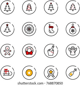 line vector icon set - christmas tree vector, firework, sock, ball, cake man, wreath, champagne, angel, sleigh gift, star medal, fizz opening
