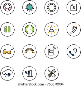 line vector icon set - christmas wreath vector, sun, exchange, account statement, pause, globe, star man, flying, sunglasses, rainbow, server wireless, phone, cloud data, oil derrick