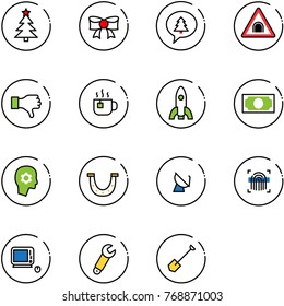 line vector icon set - christmas tree vector, bow, merry message, tunnel road sign, dislike, hot tea, rocket, money, brain work, luck, satellite antenna, fingerprint scanner, monoblock pc, wrench