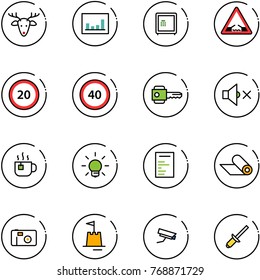 line vector icon set - christmas deer vector, statistics, safe, drawbridge road sign, speed limit 20, 40, key, volume off, hot tea, bulb, document, mat, photo, sand castle, surveillance camera