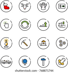 line vector icon set - christmas sock vector, deer, angel, credit card, hand touch, refresh, growth arrow, award, rock axe, bungalow, flower, cabrio, globe, hammer, soother