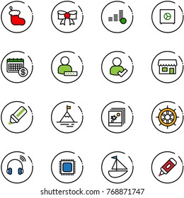 line vector icon set - christmas sock vector, bow, coin, safe, calendar, user password, check, store, highlight marker, mountain, photo, hand wheel, wireless headphones, cpu, sailboat toy