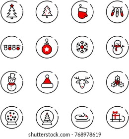 line vector icon set - christmas tree vector, glove, garland, ball, snowflake, snowman, hat, deer, holly, snowball, snowmobile, sleigh gift