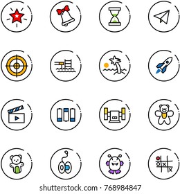 line vector icon set - christmas star vector, bell, sand clock, paper fly, target, pool, palm, rocket, movie flap, battery, sharpening, bear toy, yoyo, monster, Tic tac toe