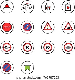 line vector icon set - christmas hat vector, angel, wine, star postcard, stop road sign, no parkin odd, traffic light, railway intersection, limited width, speed limit 10, 90, tax peage, parking