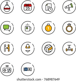 line vector icon set - christmas ball vector, 25 dec calendar, history, telescope, dialog, green tea, gold medal, diamond ring, agreement, swimsuit, volleyball, gyroscope, joystick wireless