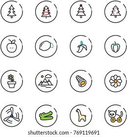 line vector icon set - christmas tree vector, apple, lemon, banana, sweet pepper, flower pot, mountains, shell, wind mill, crocodile, toy giraffe, cat