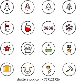 line vector icon set - christmas tree vector, sock, glove, garland, snowflake, star, snowball house, bell, medal, doors, luck, tulip, paint roller