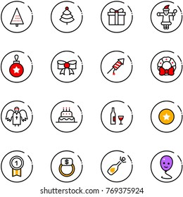 line vector icon set - christmas tree vector, gift, santa claus, ball, bow, firework rocket, wreath, angel, cake, wine, star medal, gold, finger ring, fizz opening, balloon smile