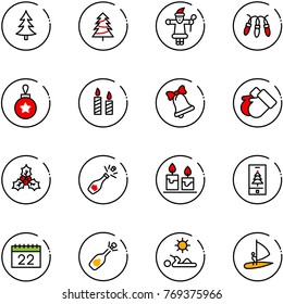 line vector icon set - christmas tree vector, santa claus, garland, ball, candle, bell, gloves, holly, champagne, mobile, calendar, fizz opening, reading, windsurfing