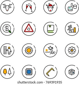 line vector icon set - christmas deer vector, wine glasses, hat, tonometer, money click, round motion road sign, book, career, opportunity, sun, palm, flower, forest, cpu, staple, cube toy