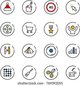line vector icon set - christmas hat vector, champagne, speed limit 40 road sign, cursor, film coil, cart, star medal, success, agreement, tent, cd, chart, circuit, chisel, scissors, welding