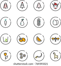 line vector icon set - christmas tree vector, deer hat, carrot, pear, spica, eggs, garbage, coconut cocktail, watermelone, dragonfly, tulip, flower, sickle, toy giraffe